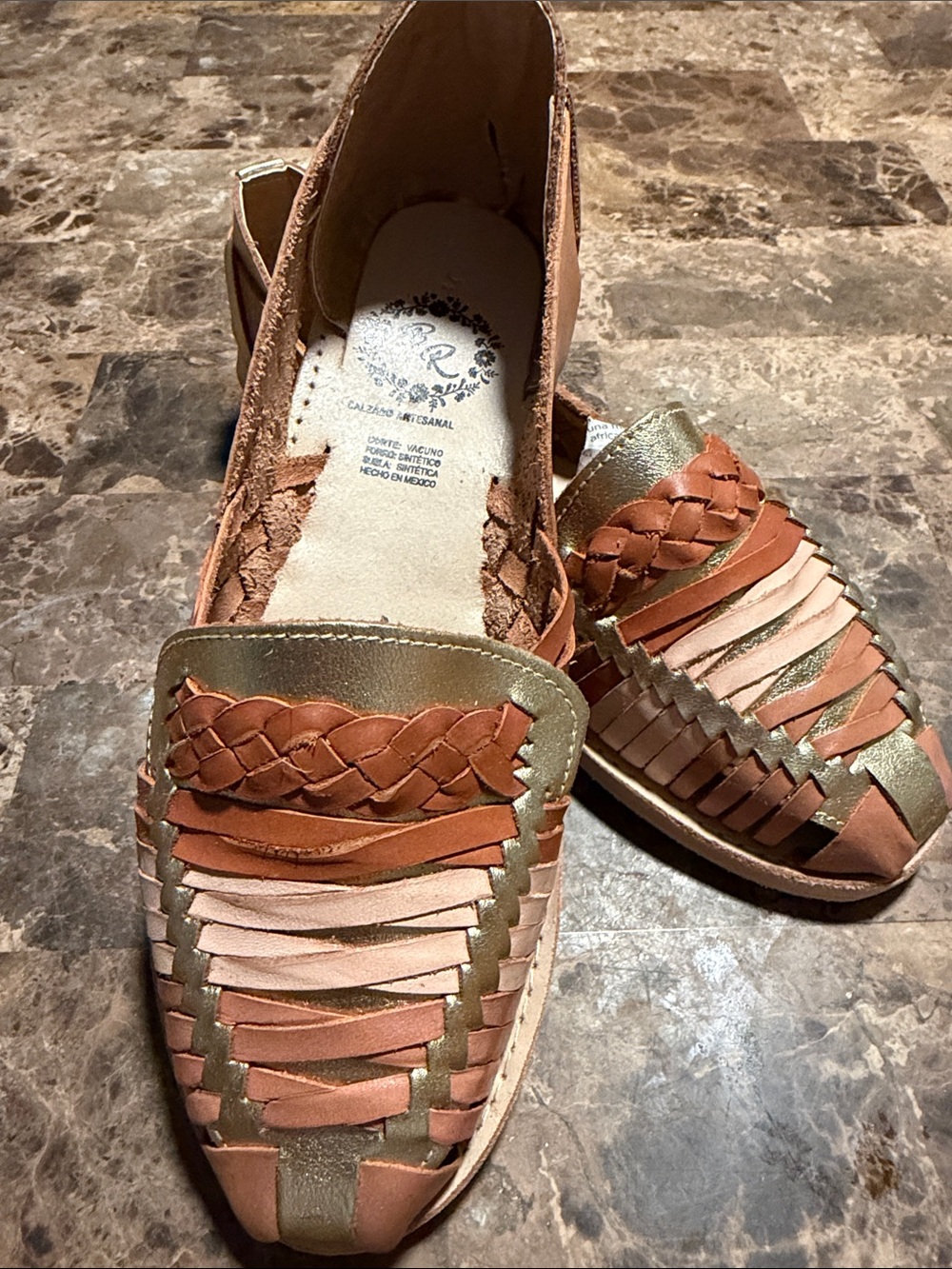 Woven Leather Huarache Sandals - Tan & Gold